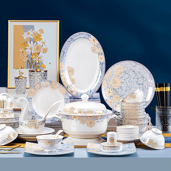 Luxury Dinnerware Set, 72 Pcs Household Dishes Set for 10 People,Tableware SPorcelain Dishes Set with Exquisite Pattern and Complete Equipment, European Palace Style