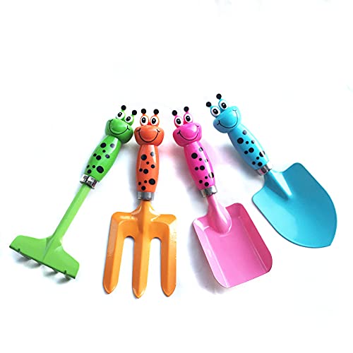 Oncaarnival 4-Piece Kids Gardening Tools Set, Toy Gardening Set Includes Fork, Trowel, Rake & Shovel, Made of Metal with Sturdy Wooden Handle, Children Beach Sandbox