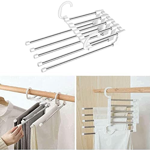 Oncaarnival 5 in 1 Foldable Hangers for Clothes Hanging Multi-Layer Multi Purpose Pant Hangers for Wardrobe Magic Foldable Hanger Space Saving 5 in 1 Rack Stainless Steel Cloth Hanger