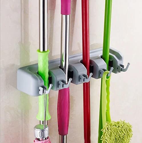 Oncaarnival Mop & Broom Holder; Upgraded with Effective Strong Holding 5 Slot Position with 6 Hooks Garage Storage up to 11 Tools Wall Mounted; Organize Ideas; Standard Size, Plastic, Multicolour