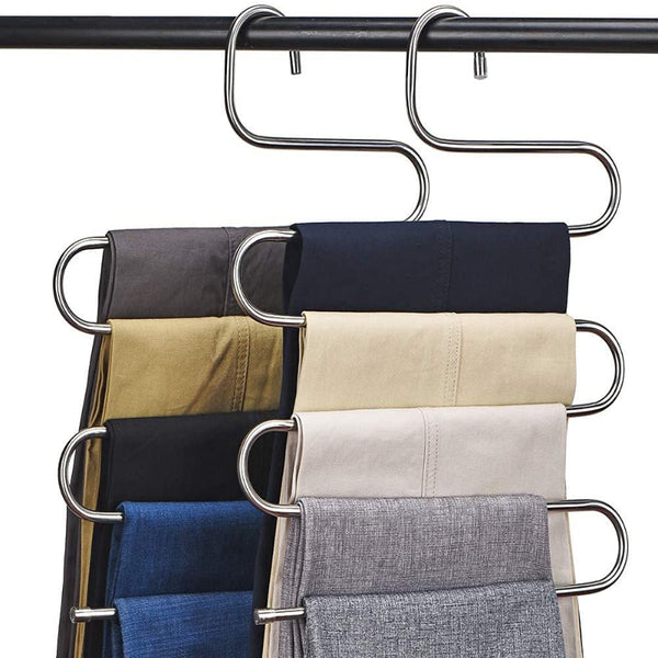 Oncaarnival 5 Layers Stainless Steel S Shape Multifunctional Clothes Hangers Pants Storage Rack Cloth Holder Multilayer Storage Cloth Hanger (Set of 2) (2)