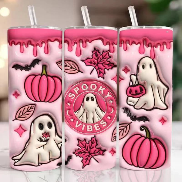 Spooky Vibes Tumbler- Cute Halloween Tumbler- Cute Pink Tumbler-Coffee Cup for Fall-Ghost Tumbler