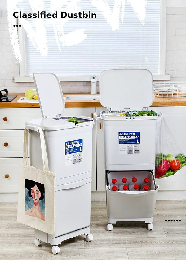 Kitchen Trash Can With Wheel, Open-Top - Recycle Sorting Bin for Household Dry and Wet Waste Separation, Classification