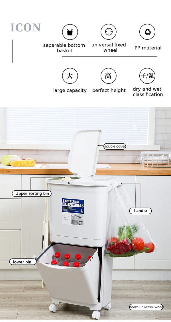 Kitchen Trash Can With Wheel, Open-Top - Recycle Sorting Bin for Household Dry and Wet Waste Separation, Classification