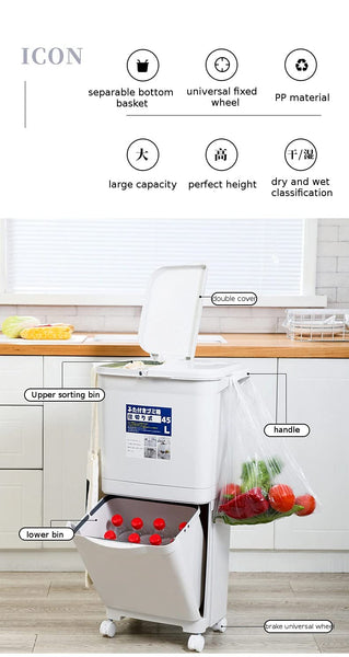 Kitchen Trash Can With Wheel, Open-Top - Recycle Sorting Bin for Household Dry and Wet Waste Separation, Classification