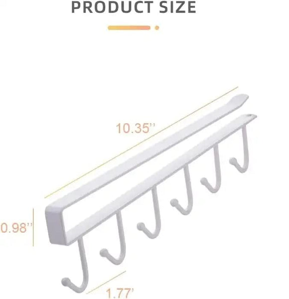 6 Hooks Under Shelf Cup Holder Multi-Functional Kitchen Utensil Rack for Hanging Under Cabinet Coffee Mug Holder (White, Pack of 2)