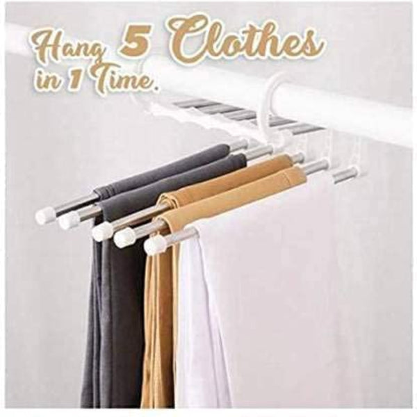 Oncaarnival 5 in 1 Foldable Hangers for Clothes Hanging Multi-Layer Multi Purpose Pant Hangers for Wardrobe Magic Foldable Hanger Space Saving 5 in 1 Rack Stainless Steel Cloth Hanger