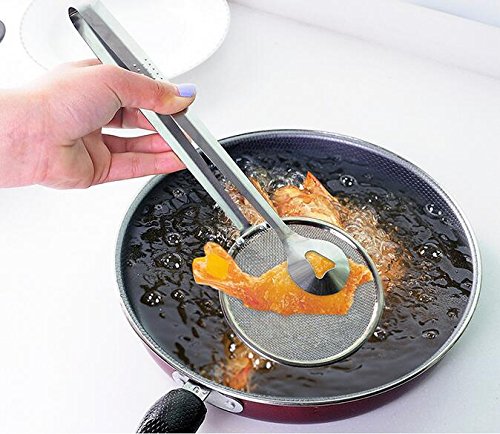 Oncaarnival 2In1 Stainless Steel Filter Spoon with Clip for Kitchen | Oil-Frying Multi-Functional BBQ Filter | Clamp Strainer Kitchen Tools | Oil Drainer | Oil Filter Tongs