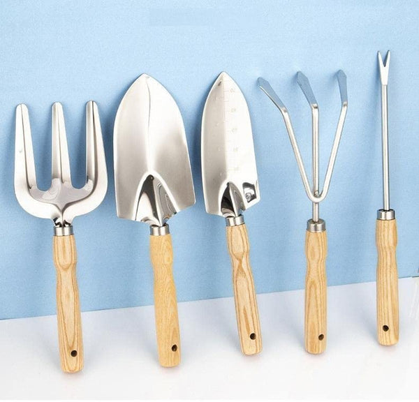 Oncaarnival 5 Piece Wooden Garden Tool Set | Ideal for Home Lawn Kitchen Gardening Tools Kit | Agriculture & Garden Equipment