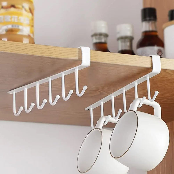 6 Hooks Under Shelf Cup Holder Multi-Functional Kitchen Utensil Rack for Hanging Under Cabinet Coffee Mug Holder (White, Pack of 2)