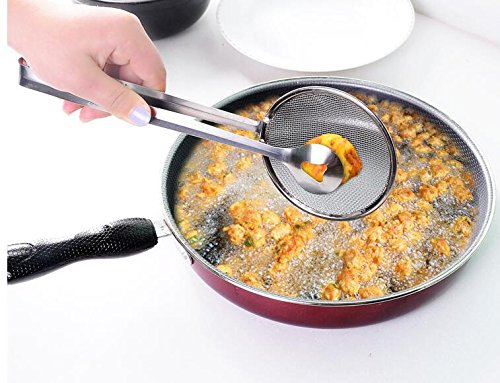 Oncaarnival 2In1 Stainless Steel Filter Spoon with Clip for Kitchen | Oil-Frying Multi-Functional BBQ Filter | Clamp Strainer Kitchen Tools | Oil Drainer | Oil Filter Tongs