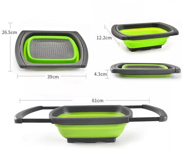 Oncarnival Over The Sink Colander Strainer with Extendable Handles - Foldable Strainer Food Colanders Collapsible Silicone for Pasta, Vegetables, and Fruits (Green) Large