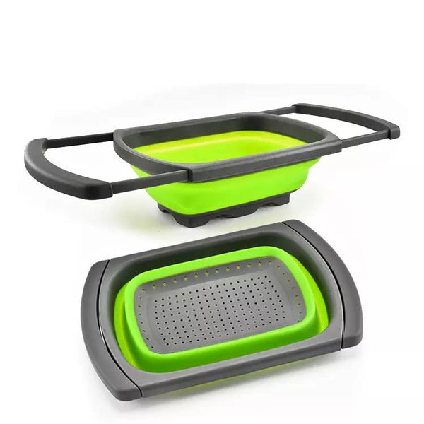 Oncarnival Over The Sink Colander Strainer with Extendable Handles - Foldable Strainer Food Colanders Collapsible Silicone for Pasta, Vegetables, and Fruits (Green) Large
