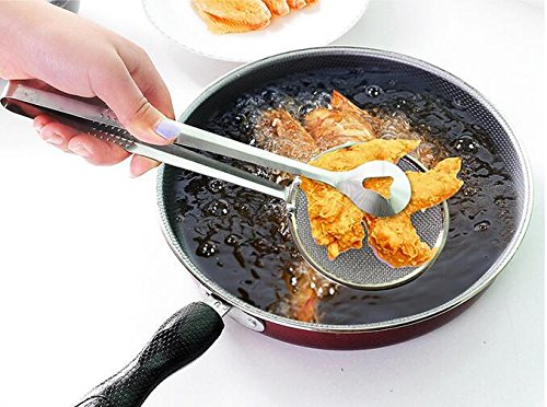 Oncaarnival 2In1 Stainless Steel Filter Spoon with Clip for Kitchen | Oil-Frying Multi-Functional BBQ Filter | Clamp Strainer Kitchen Tools | Oil Drainer | Oil Filter Tongs