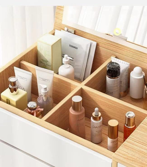 Wood Mini Dressing Table, Small Dresser Table Makeup Vanity With Mirror And Cosmetic Storage Stylish Modern Design For Bedroom Bay Window Dresser Cabinet (Beige)