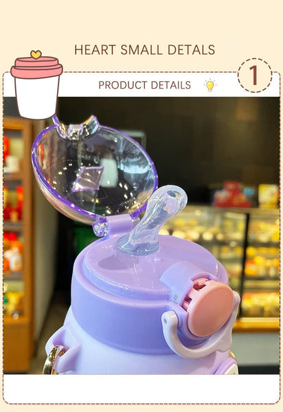 Kids Water Bottle With Straw Sealed Flip Top Lid Bottle Large Capacity 700ml Cute Cartoon Design Beverage Containers Clear Water Bottle With Removable Shoulder Strap Water Bottle For Kids