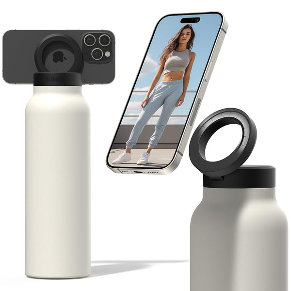 Insulated Water Bottle with Megnetic Phone Holder - Stainless Steel Bottle with Magnetic Tripod Mount - Hot 12H, Cold 24H, 360° Rotate - 710 Ml