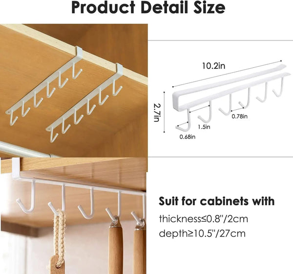 6 Hooks Under Shelf Cup Holder Multi-Functional Kitchen Utensil Rack for Hanging Under Cabinet Coffee Mug Holder (White, Pack of 2)