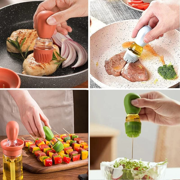 Chef's Basting Set Silicone Oil Pastry Brush Dispenser Glass Docking Bowl Set for Cooking, BBQ, Baking and Grilling