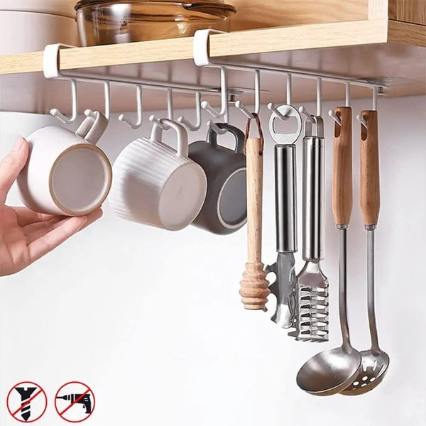 6 Hooks Under Shelf Cup Holder Multi-Functional Kitchen Utensil Rack for Hanging Under Cabinet Coffee Mug Holder (White, Pack of 2)