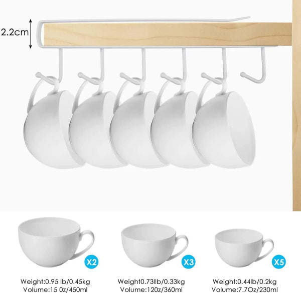 6 Hooks Under Shelf Cup Holder Multi-Functional Kitchen Utensil Rack for Hanging Under Cabinet Coffee Mug Holder (White, Pack of 2)