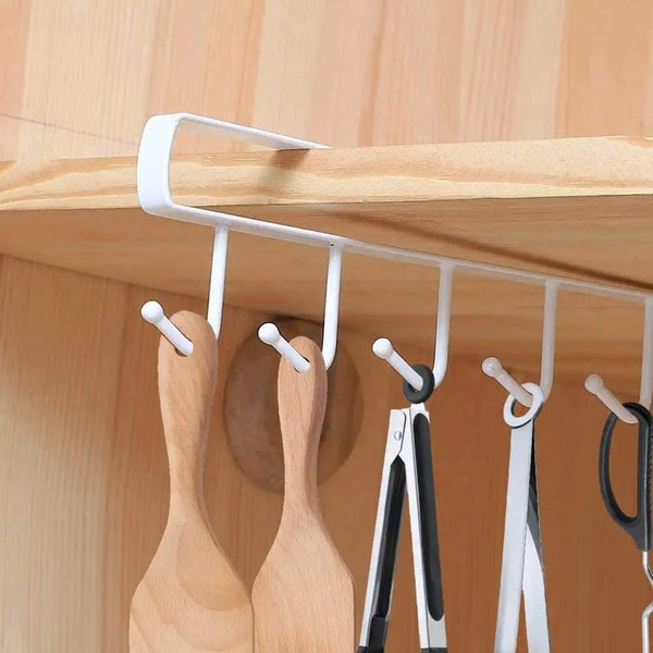6 Hooks Under Shelf Cup Holder Multi-Functional Kitchen Utensil Rack for Hanging Under Cabinet Coffee Mug Holder (White, Pack of 2)