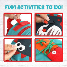 Oncarnival Toddler Backpack Montessori Education Toys for Kids Fine Motor Skills and Learn Basic Skill, Dinosaur Sensory Activities Bag & Travel Toy with Zippers, Buttons, Buckles