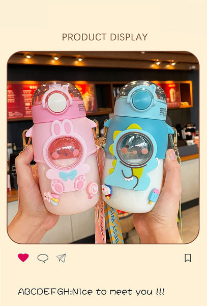 Kids Water Bottle With Straw Sealed Flip Top Lid Bottle Large Capacity 700ml Cute Cartoon Design Beverage Containers Clear Water Bottle With Removable Shoulder Strap Water Bottle For Kids