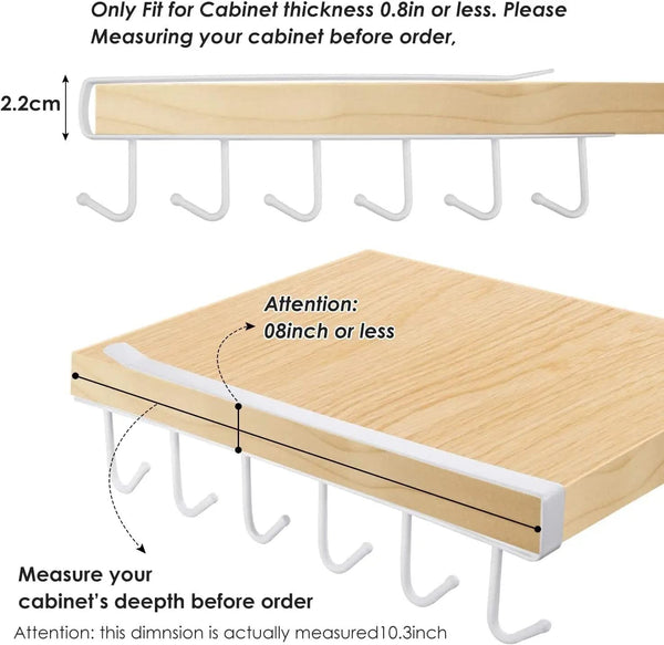 6 Hooks Under Shelf Cup Holder Multi-Functional Kitchen Utensil Rack for Hanging Under Cabinet Coffee Mug Holder (White, Pack of 2)