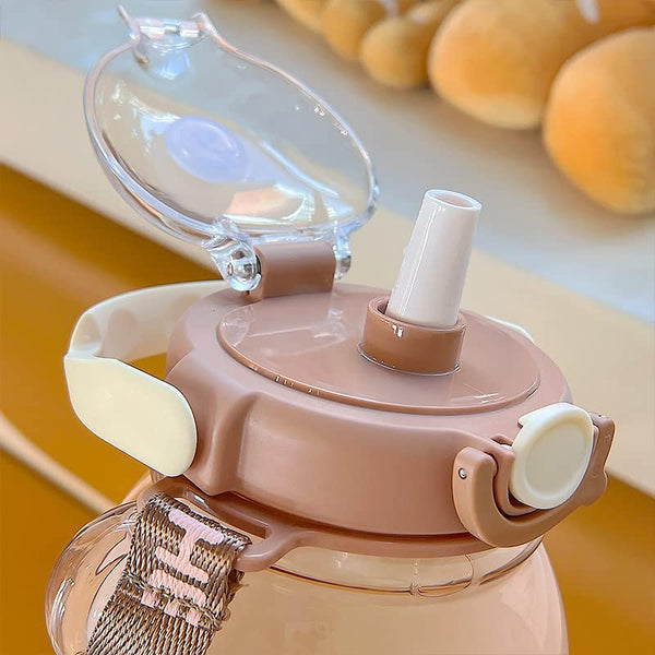 1 Liter Capacity Cute Teddy Shape Children Water Bottle With Strap, Straw For School, Travel And Outdoor