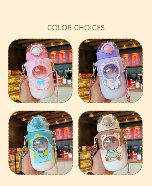 Kids Water Bottle With Straw Sealed Flip Top Lid Bottle Large Capacity 700ml Cute Cartoon Design Beverage Containers Clear Water Bottle With Removable Shoulder Strap Water Bottle For Kids