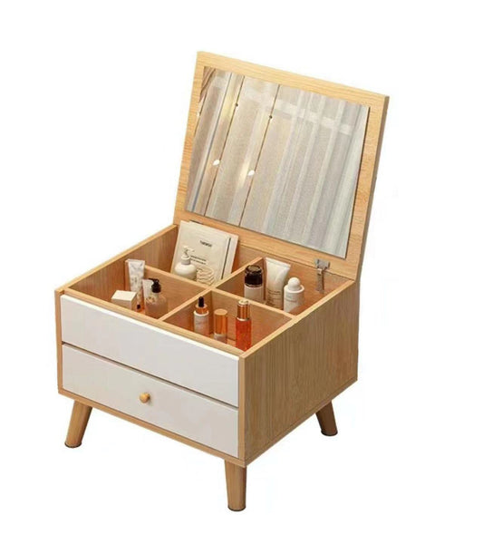 Wood Mini Dressing Table, Small Dresser Table Makeup Vanity With Mirror And Cosmetic Storage Stylish Modern Design For Bedroom Bay Window Dresser Cabinet (Beige)