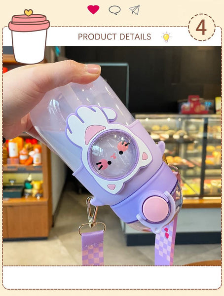 Kids Water Bottle With Straw Sealed Flip Top Lid Bottle Large Capacity 700ml Cute Cartoon Design Beverage Containers Clear Water Bottle With Removable Shoulder Strap Water Bottle For Kids