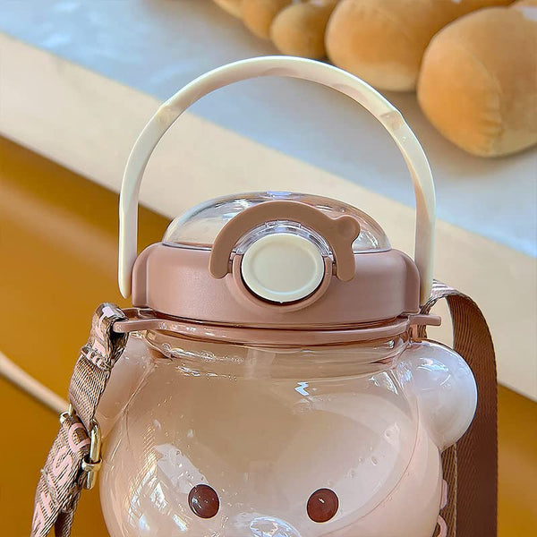 1 Liter Capacity Cute Teddy Shape Children Water Bottle With Strap, Straw For School, Travel And Outdoor