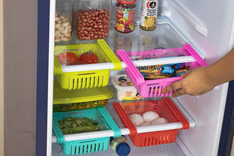 Expandable Adjustable Fridge Storage Basket Expandable Fridge Storage Rack Tray Fridge Space Saver Food Organizer, Multicolor (Pack of 4)