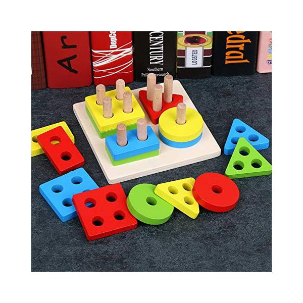 ONCARNIVAL Wooden Educational Preschool Shape & Color Recognition Geometric Board Block Stack Shape Sorter Puzzle Toys