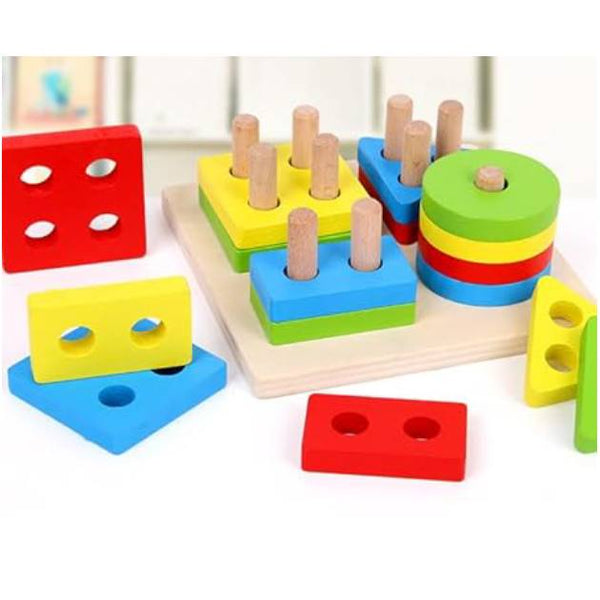 ONCARNIVAL Wooden Educational Preschool Shape & Color Recognition Geometric Board Block Stack Shape Sorter Puzzle Toys