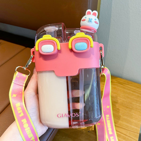 Water Bottle with Straw, 780 Double Sided Cute Water Bottles with Adjustable Strap, BPA-free Leakproof Drinking Water Bottle for School Office Gym Trave
