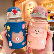 ONCARNIVAL Cute Bear Straw Water Bottles 620ML Kid's Drinking Water Bottle with Silicone Bag