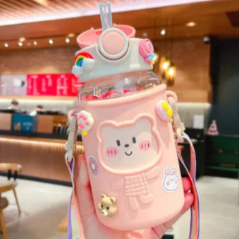 Cute Bear Straw Water Bottles 620ML Kid's Drinking Water Bottle with Silicone Bag
