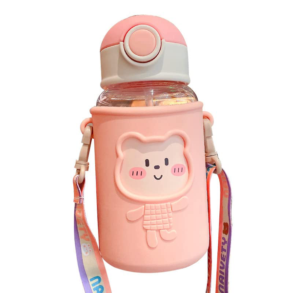 ONCARNIVAL Cute Bear Straw Water Bottles 620ML Kid's Drinking Water Bottle with Silicone Bag