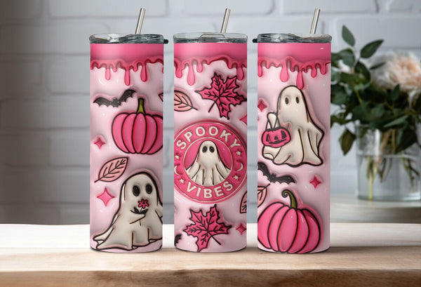 Spooky Vibes Tumbler- Cute Halloween Tumbler- Cute Pink Tumbler-Coffee Cup for Fall-Ghost Tumbler
