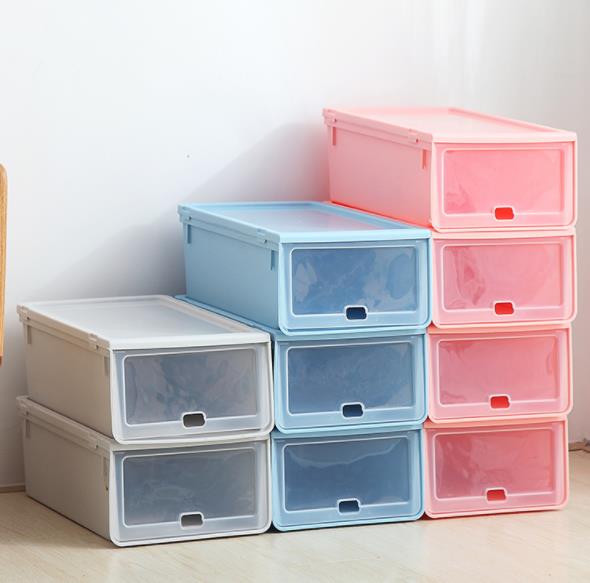 4Pcs Shoes Storage Box Stackable Foldable Plastic Shoes Holder Cabinet Transparent Shoes Organizer Case Clear Drawer, 32.5X22.5X13.5 Cm