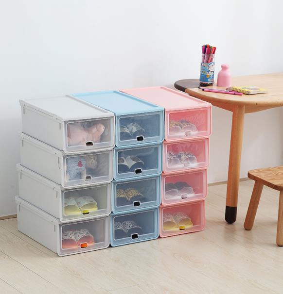 4Pcs Shoes Storage Box Stackable Foldable Plastic Shoes Holder Cabinet Transparent Shoes Organizer Case Clear Drawer, 32.5X22.5X13.5 Cm